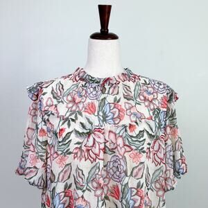 Ann Taylor LOFT Floral Ruffle Neck Short Sleeve Blouse NWT